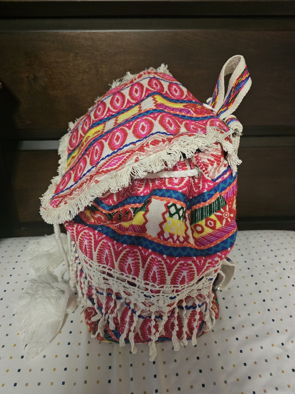 Boho Fringe Drawstring Backpack - Pink Multicolor - Picture 2 of 4